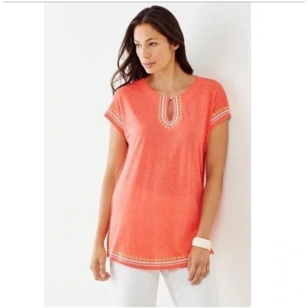 J. Jill Women's XSmall  Linen Top Embroidered Coral Pinkish Orange W2